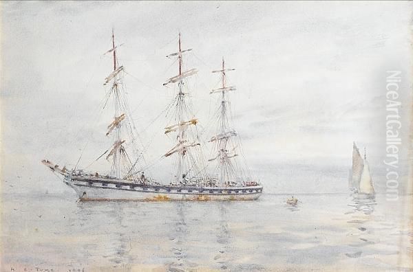 A Three-masted Windjammer Lying At Anchor In The Roadstead Oil Painting by Henry Scott Tuke