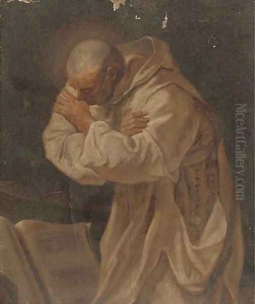 A monk in white robes praying before a book Oil Painting by Pierre Subleyras