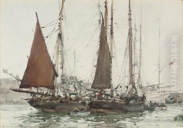 Fishing Boats In A Harbour Oil Painting by Henry Scott Tuke