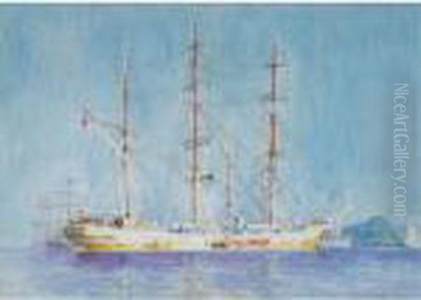 A French Square-rigged Ship At Anchor Oil Painting by Henry Scott Tuke