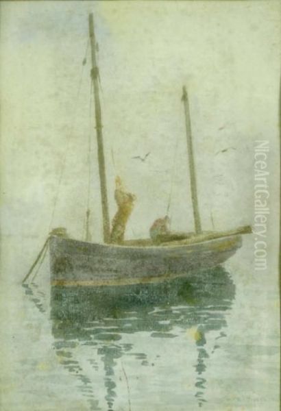 Fishermen Preparing Their Boat Initialled And Dated 1924 9.5 X 6.5in Oil Painting by Henry Scott Tuke