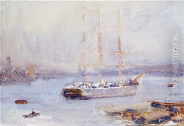 At Anchor,falmouth Harbour Oil Painting by Henry Scott Tuke