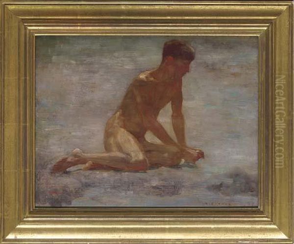 Study Of A Seated Bather Oil Painting by Henry Scott Tuke