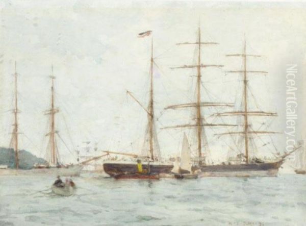 Shipping Off The Coast Oil Painting by Henry Scott Tuke