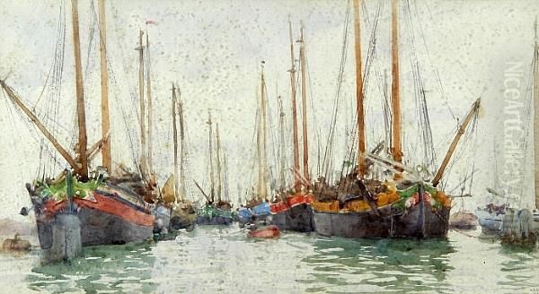 Gaily Coloured Fishing Vessels At Anchor Oil Painting by Henry Scott Tuke