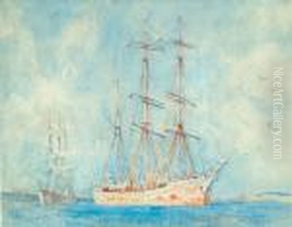 Clippers Off A Coastline Oil Painting by Henry Scott Tuke