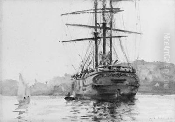 A Windjammer At Anchor In Falmouth Harbour Oil Painting by Henry Scott Tuke