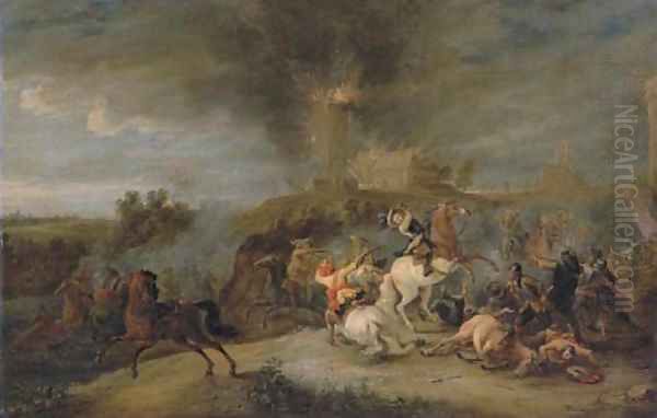 A cavalry skirmish with soldiers pillaging a village Oil Painting by Pieter Snayers