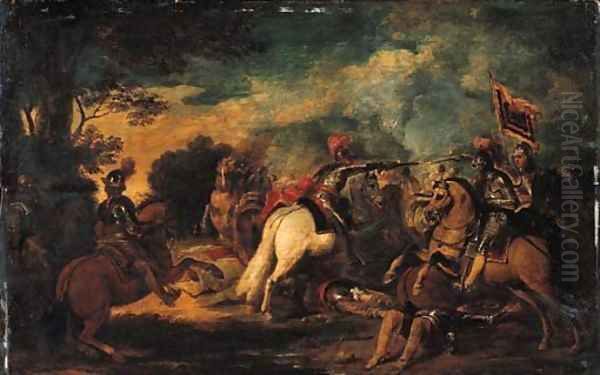 A cavalry skirmish- a sketch Oil Painting by Pieter Snayers