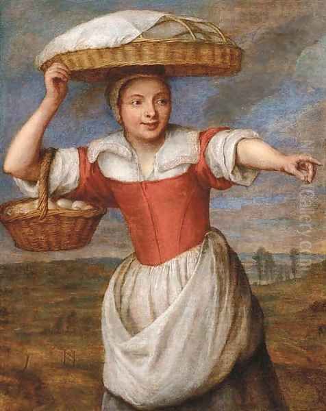 A maid carrying a basket of eggs, in a landscape Oil Painting by Pieter Snayers