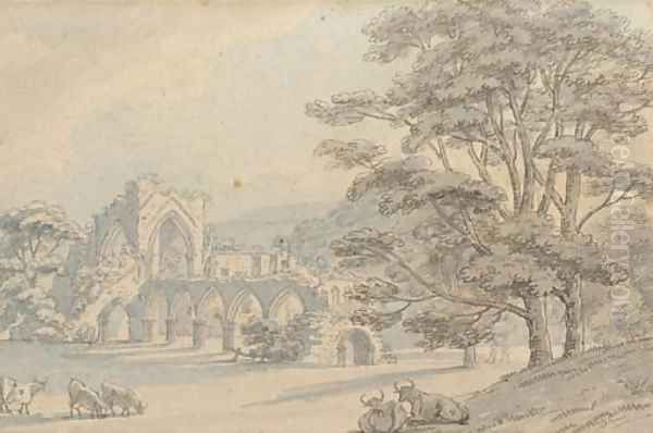 Cattle grazing before Tintern Abbey (illustrated); and A lake in the Highlands Oil Painting by Thomas Sunderland