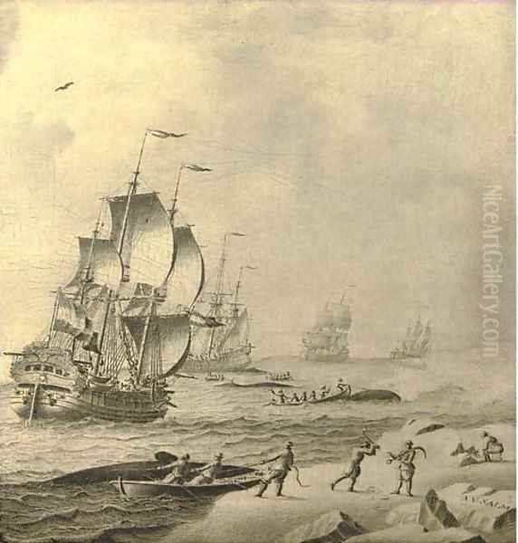 Whaling ships in rough waters with whale hunters bringing in their catch Oil Painting by Adriaen Cornelisz. Van Salm