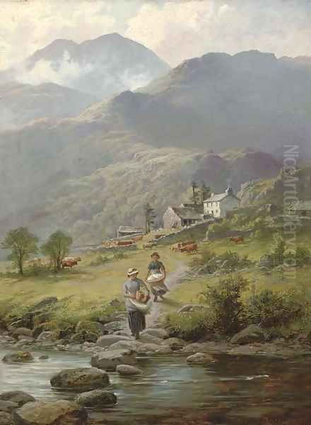 Washing laundry in the river, a mountainous landscape and farmstead beyond Oil Painting by Charles Stuart