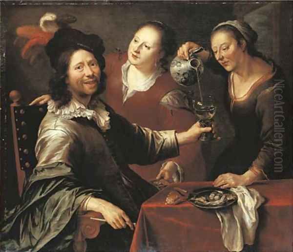 A gentleman seated at a table with two serving girls Oil Painting by Cornelis Stangerus