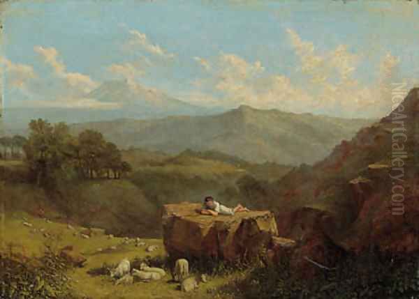 A Shepherd Boy with his Flock, in an extensive mountainous landscape Oil Painting by Francis Stevens