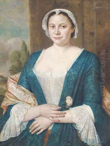 Portrait of a lady, half-length, in a blue and white dress with a pink shawl and white cap Oil Painting by Harmen Serin