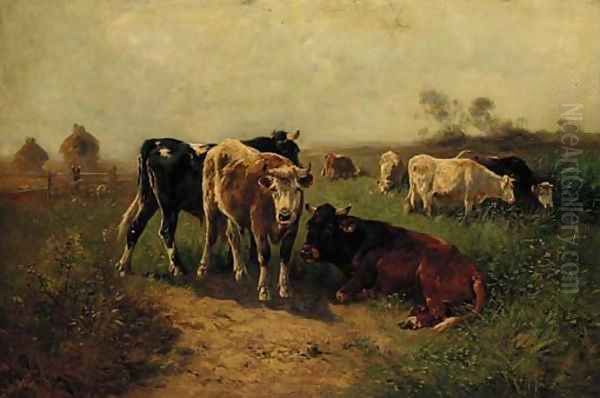 Cattle grazing in a summer meadow Oil Painting by Henry J. Schouten