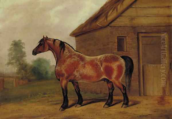 A strawberry roan horse before a stable Oil Painting by James Scraggs