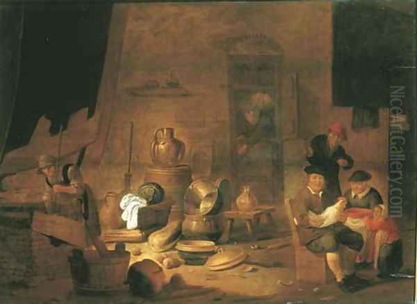 A barn interior with a peasant family Oil Painting by Jan Spanjaert