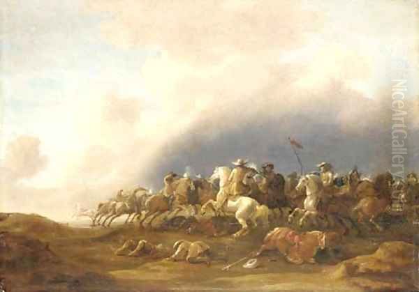 A cavalry skirmish Oil Painting by Jan Van Den Stoffe