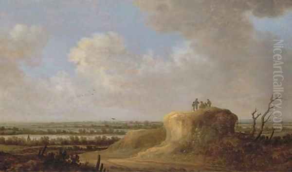 An extensive river landscape with peasants resting on a hill Oil Painting by Johannes Pietersz. Schoeff