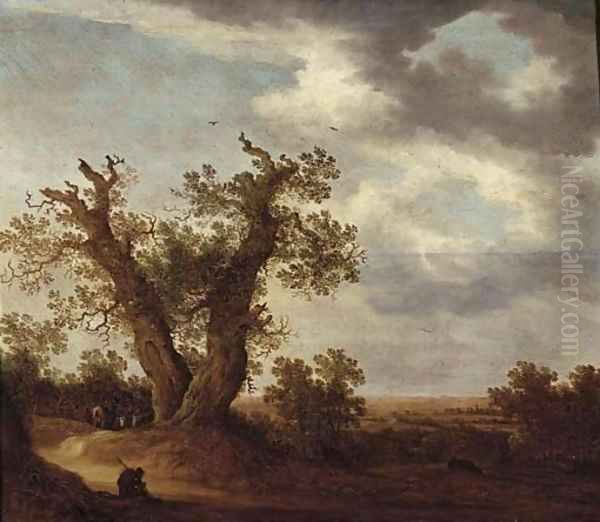 An extensive wooded landscape with a herdsman resting with his cattle by a path Oil Painting by Johannes Pietersz. Schoeff