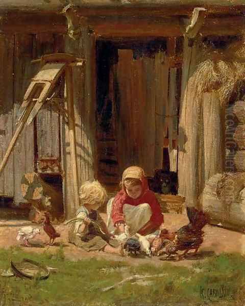 Children with Chickens Oil Painting by Konstantin Apollonovich Savitskii