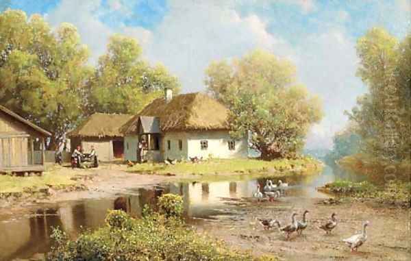 Village River Oil Painting by Petr Alexandrovich Sukhodol'skii