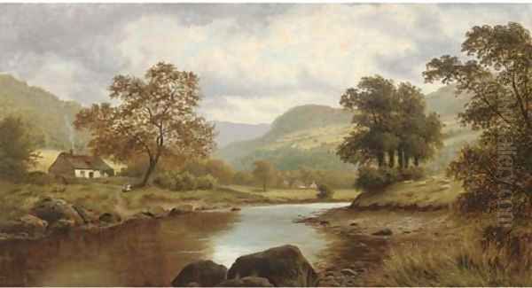 Sheep and cottages beside a river Oil Painting by Thomas Spinks