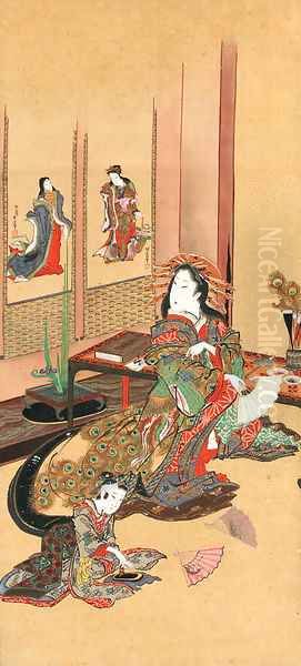 A courtesan preparing to paint a fan Oil Painting by Yanagawa Shigenobu