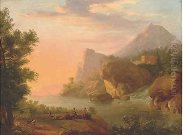 A Rhenish river landscape with shepherds playing music near a waterfall Oil Painting by Christian Georg II Schutz or Schuz