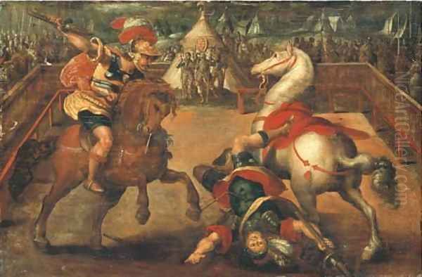 Two knights jousting, a tent with the Medici coat-of-arms beyond Oil Painting by Jan van der Straet