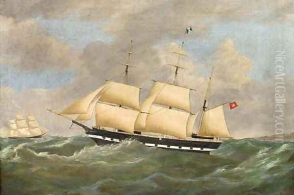 The Hamburg barque Nurn America under reduced sail and running down the coast Oil Painting by Richard B. Spencer