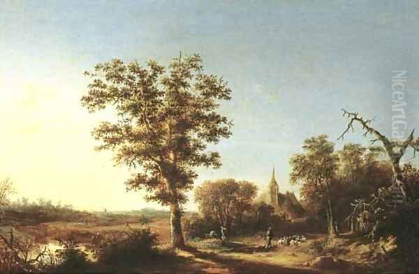 A wooded landscape with a shepherd and his flock, a church beyond Oil Painting by Willem Schellinks