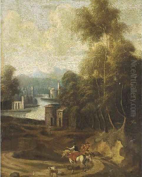 A wooded river landscape with mounted travellers on a path, a town beyond Oil Painting by Willem Schellinks