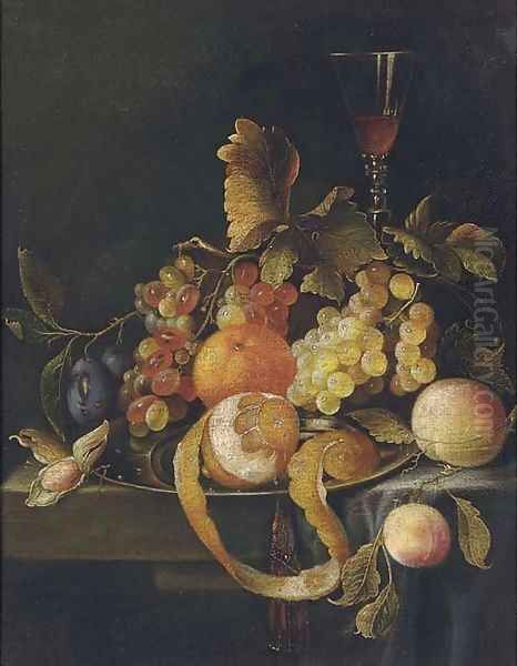 Still life of oranges, grapes, peaches, plums and a glass of wine on a stone ledge Oil Painting by William Sartorius