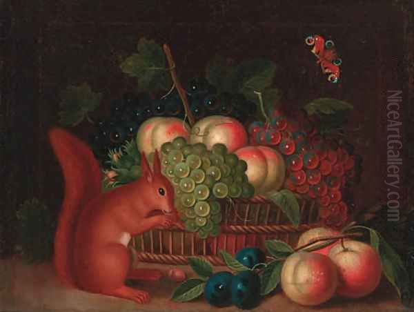 A basket of grapes and peaches, with plums and peaches and a squirrel eating nuts on a ledge Oil Painting by William Sartorius