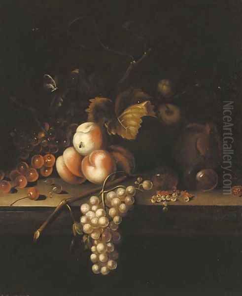 Cherries, peaches, grapes and white currants on a ledge Oil Painting by William Sartorius