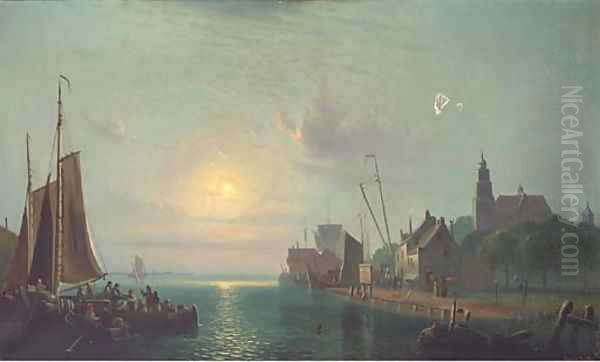 Fishermen gossiping off a Dutch port by moonlight Oil Painting by Ansdell Smythe