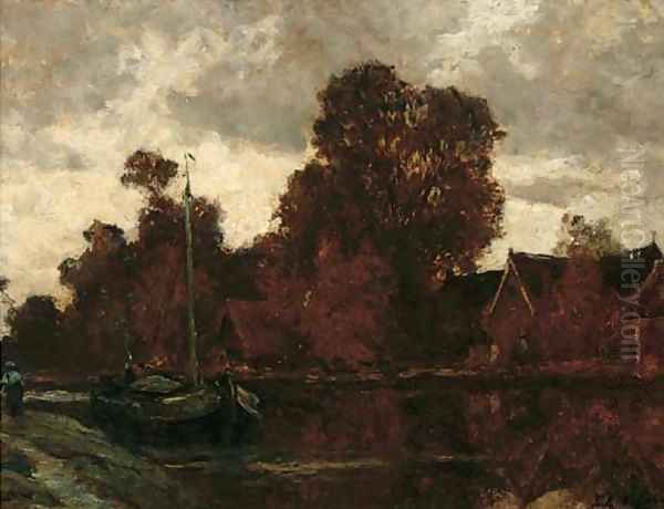 A sailing barge moored on a bend in a river by Egbert Rubertus Deck Schaap