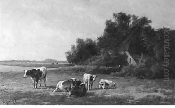 Cows grazing in a summer meadow Oil Painting by Hendrik Savrij