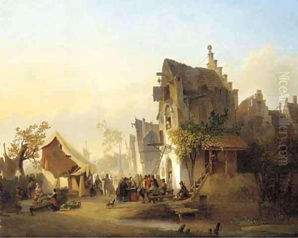 A gathering outside a Dutch hostelry Oil Painting by Henri Adolphe Schaep