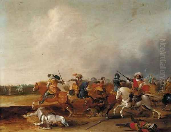 A cavalry skirmish Oil Painting by Jan Van Der Stoffe