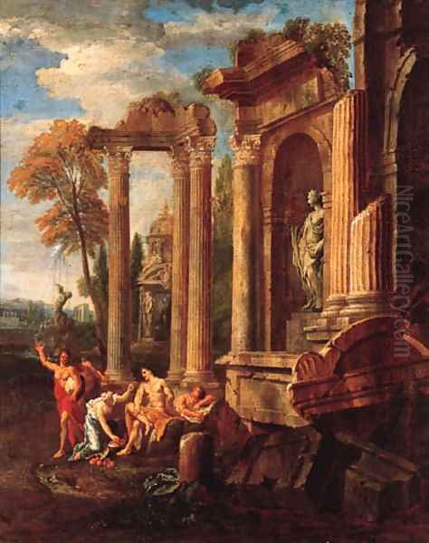 Italianate landscapes with figures amongst classical ruins Oil Painting by Johann Heinrich Schnfeldt