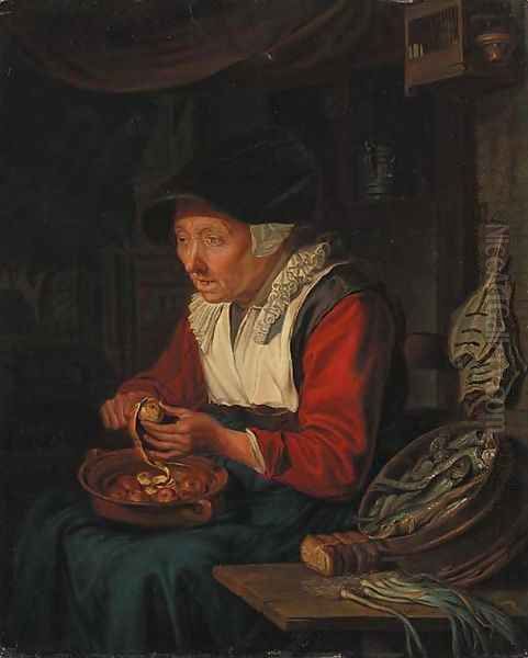 An old woman peeling apples by a table laden with onions Oil Painting by Josef Schierl