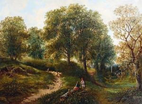 Wooded Landscape With Figures Resting In The Foreground And Sheep In The Distance Oil Painting by George Turner