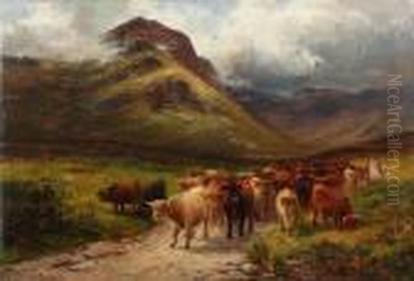 Drover And Highland Cattle On A Path by George Turner