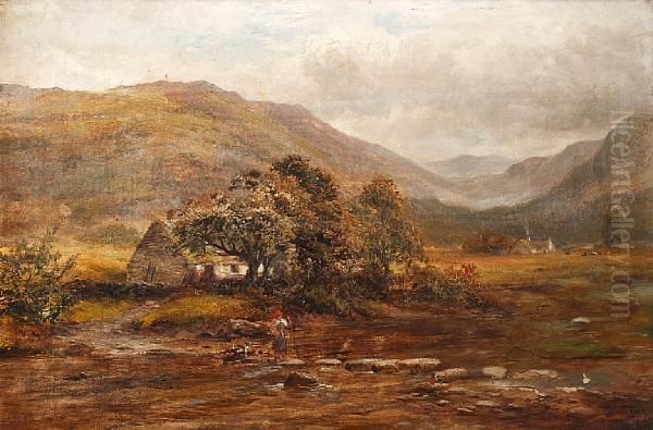 Stepping Stones On The Conway,bettws-y-coed Oil Painting by George Turner