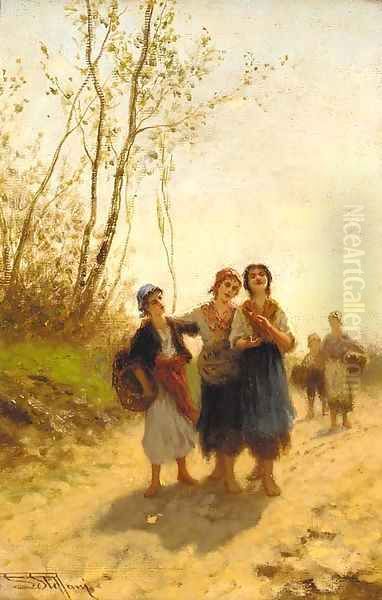 Three young country girls on a road Oil Painting by Luigi Steffani