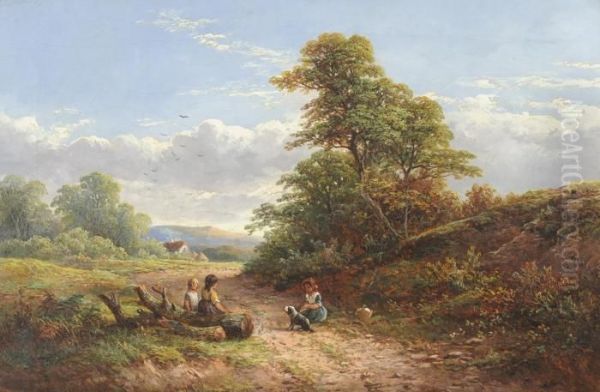 Children And A Dog On A Derbyshire Lane Oil Painting by George Turner